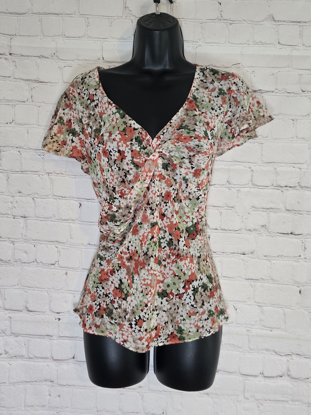 Y2k feminine fairy semi sheer floral v- neck cottagecore blouse flutter sleeve L